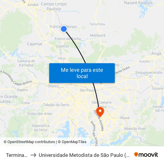 Terminal Oeste to Universidade Metodista de São Paulo (Campus Rudge Ramos ) map