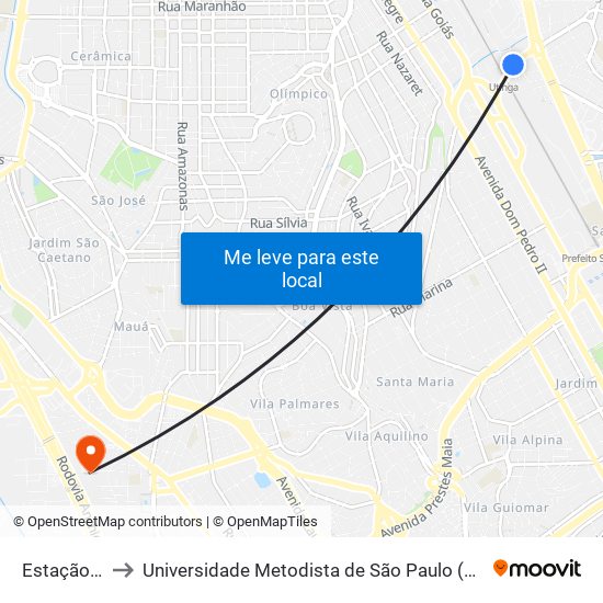Estação Utinga to Universidade Metodista de São Paulo (Campus Rudge Ramos ) map