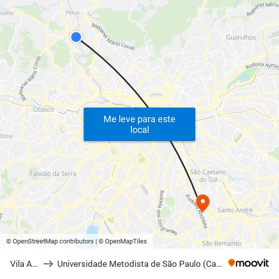Vila Aurora to Universidade Metodista de São Paulo (Campus Rudge Ramos ) map