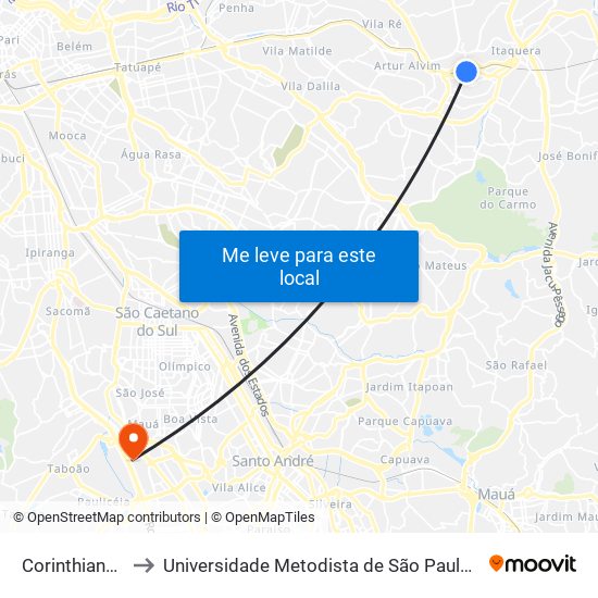 Corinthians-Itaquera to Universidade Metodista de São Paulo (Campus Rudge Ramos ) map