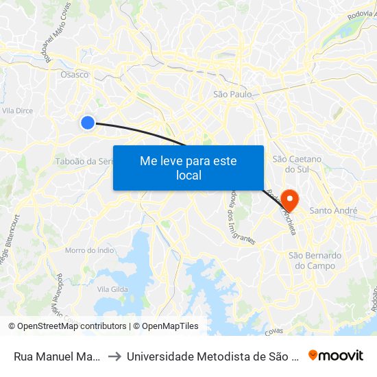 Rua Manuel Martins Colaço 169 to Universidade Metodista de São Paulo (Campus Rudge Ramos ) map