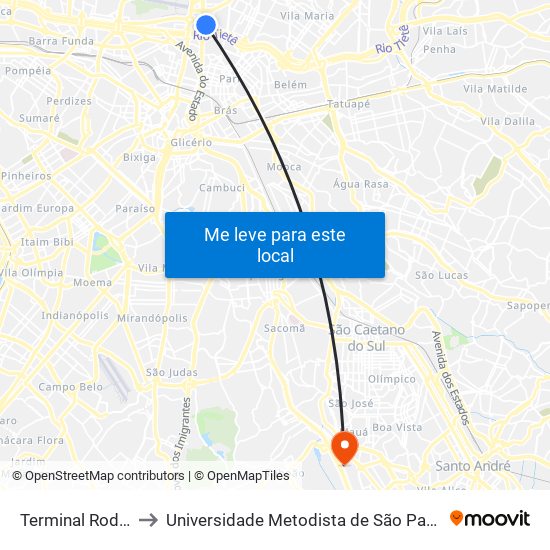 Terminal Rodoviário Tietê to Universidade Metodista de São Paulo (Campus Rudge Ramos ) map