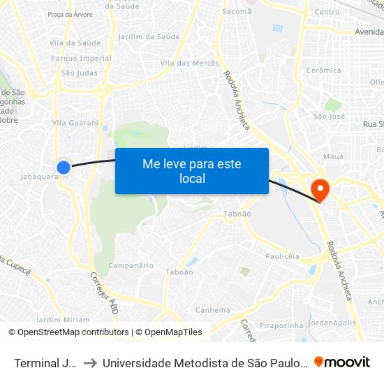 Terminal Jabaquara to Universidade Metodista de São Paulo (Campus Rudge Ramos ) map
