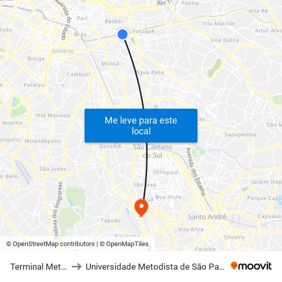 Terminal Metrô Belém Sul to Universidade Metodista de São Paulo (Campus Rudge Ramos ) map