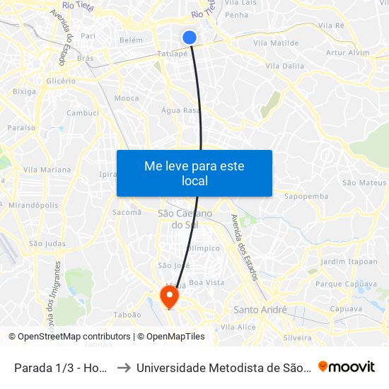 Parada 1/3 - Hosp. Munic. Tatuapé to Universidade Metodista de São Paulo (Campus Rudge Ramos ) map