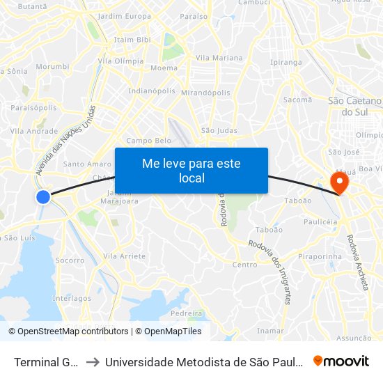 Terminal Guido Caloi to Universidade Metodista de São Paulo (Campus Rudge Ramos ) map