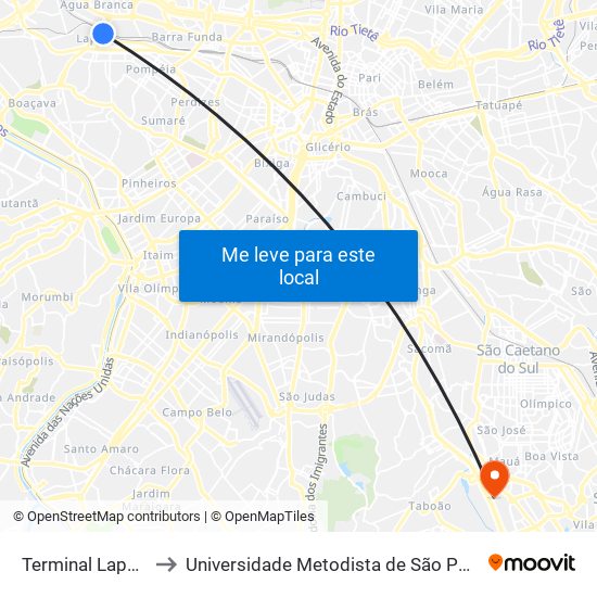 Terminal Lapa - Plataforma to Universidade Metodista de São Paulo (Campus Rudge Ramos ) map