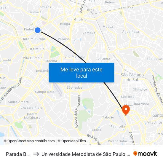 Parada Brasil B/C to Universidade Metodista de São Paulo (Campus Rudge Ramos ) map