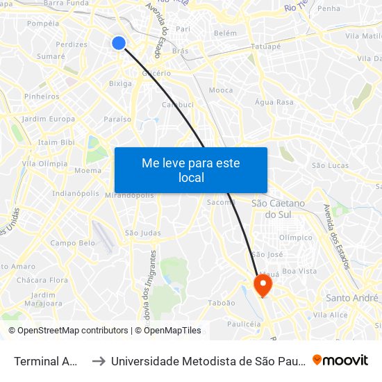 Terminal Amaral Gurgel to Universidade Metodista de São Paulo (Campus Rudge Ramos ) map