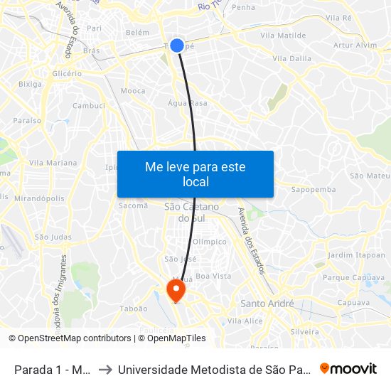 Parada 1 - Metrô Tatuapé to Universidade Metodista de São Paulo (Campus Rudge Ramos ) map