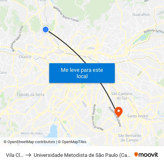Vila Clarice to Universidade Metodista de São Paulo (Campus Rudge Ramos ) map