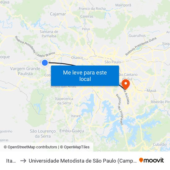 Itapevi to Universidade Metodista de São Paulo (Campus Rudge Ramos ) map