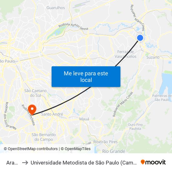 Aracaré to Universidade Metodista de São Paulo (Campus Rudge Ramos ) map