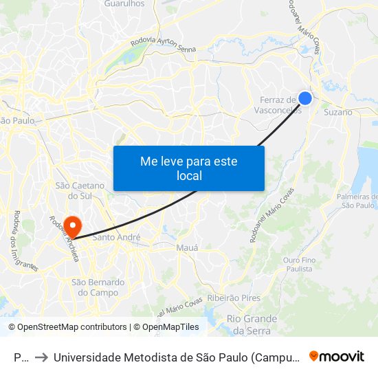 Poá to Universidade Metodista de São Paulo (Campus Rudge Ramos ) map