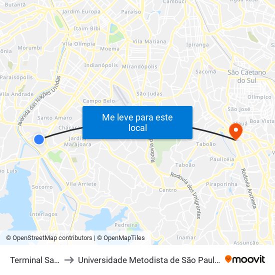 Terminal Santo Amaro to Universidade Metodista de São Paulo (Campus Rudge Ramos ) map