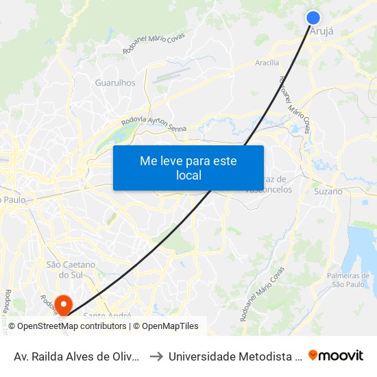 Av. Railda Alves de Oliveira, 27 - Parque Rodrigo Barreto, Arujá to Universidade Metodista de São Paulo (Campus Rudge Ramos ) map