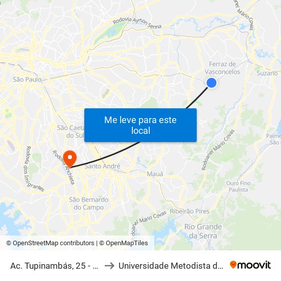 Ac. Tupinambás, 25 - Vila Zita, Ferraz de Vasconcelos to Universidade Metodista de São Paulo (Campus Rudge Ramos ) map