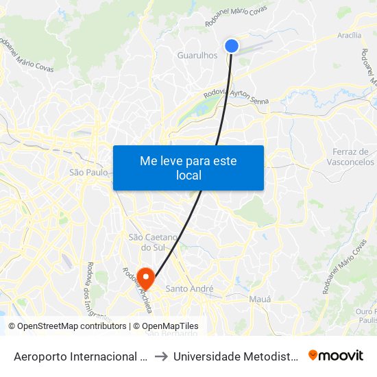 Aeroporto Internacional de São Paulo (Terminal de Passageiros 1) to Universidade Metodista de São Paulo (Campus Rudge Ramos ) map