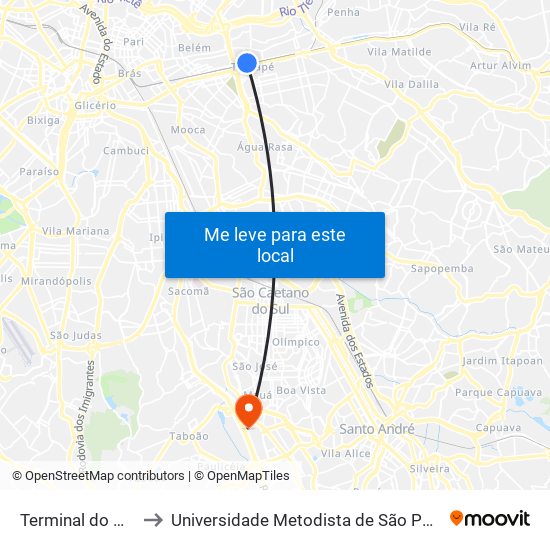 Terminal do Metro Tatuape to Universidade Metodista de São Paulo (Campus Rudge Ramos ) map