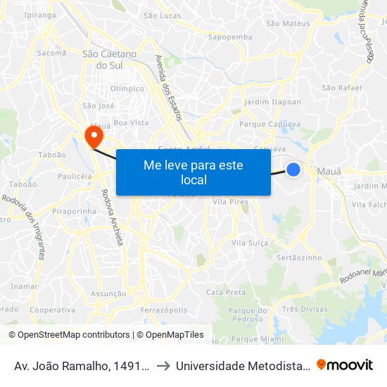 Av. João Ramalho, 1491 - Rp3 (Regiões de Planejamento), Mauá to Universidade Metodista de São Paulo (Campus Rudge Ramos ) map