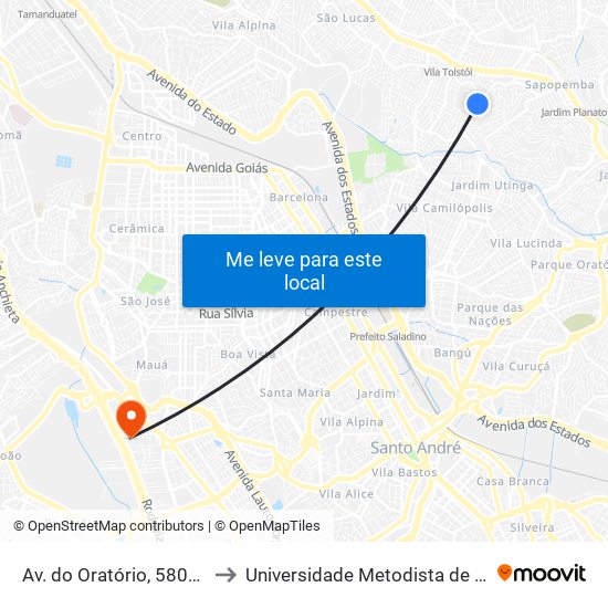 Av. do Oratório, 5800 - Jardim Mimar, São Paulo to Universidade Metodista de São Paulo (Campus Rudge Ramos ) map