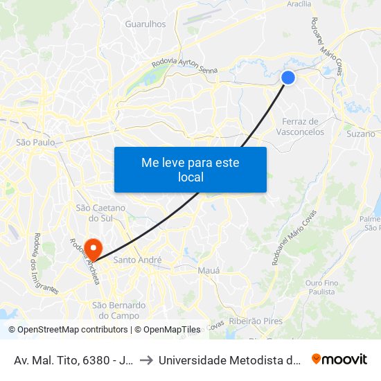 Av. Mal. Tito, 6380 - Jardim das Oliveiras, São Paulo to Universidade Metodista de São Paulo (Campus Rudge Ramos ) map