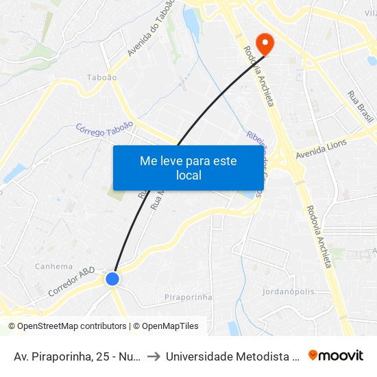 Av. Piraporinha, 25 - Nucleo Hab. Nova Conquista, Diadema to Universidade Metodista de São Paulo (Campus Rudge Ramos ) map