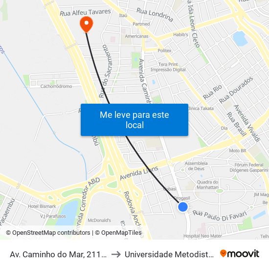 Av. Caminho do Mar, 2111 - Rudge Ramos, São Bernardo do Campo to Universidade Metodista de São Paulo (Campus Rudge Ramos ) map