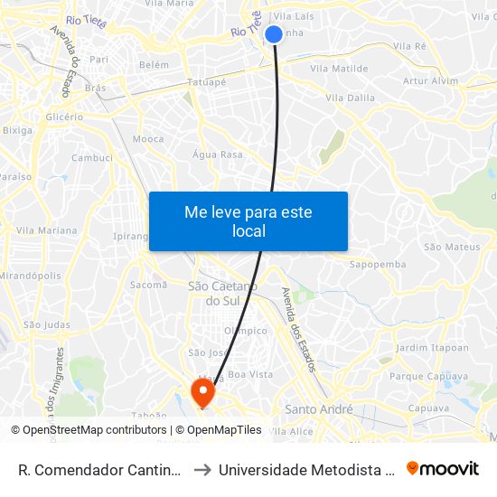 R. Comendador Cantinho, 524 - Penha de França, São Paulo to Universidade Metodista de São Paulo (Campus Rudge Ramos ) map