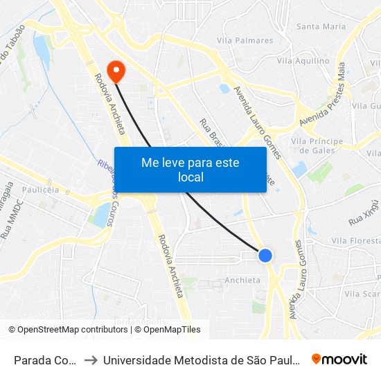 Parada Copacabana to Universidade Metodista de São Paulo (Campus Rudge Ramos ) map