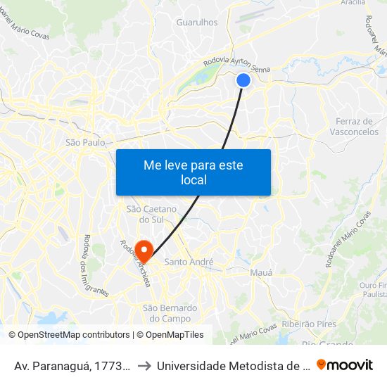 Av. Paranaguá, 1773 - Vila Paranagua, São Paulo to Universidade Metodista de São Paulo (Campus Rudge Ramos ) map