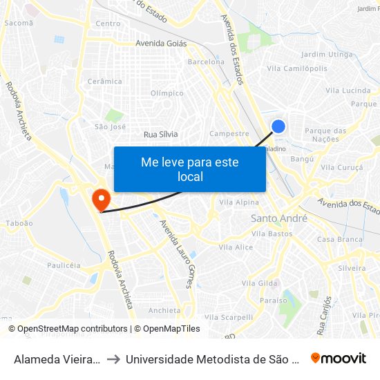 Alameda Vieira de Carvalho 31 to Universidade Metodista de São Paulo (Campus Rudge Ramos ) map