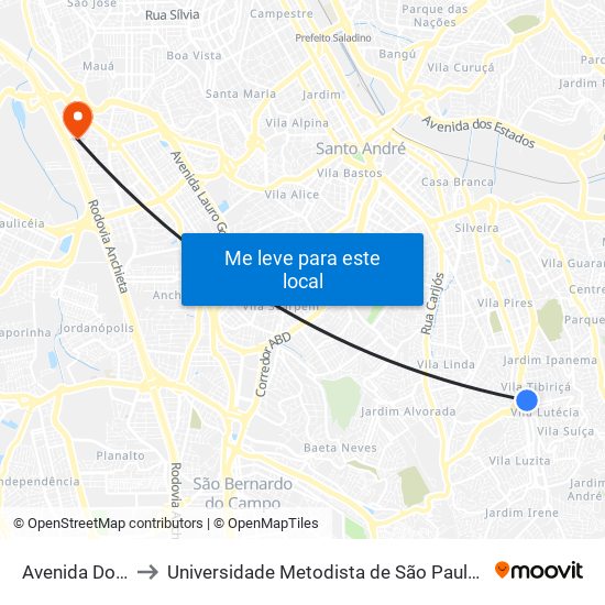 Avenida Dom Pedro I to Universidade Metodista de São Paulo (Campus Rudge Ramos ) map