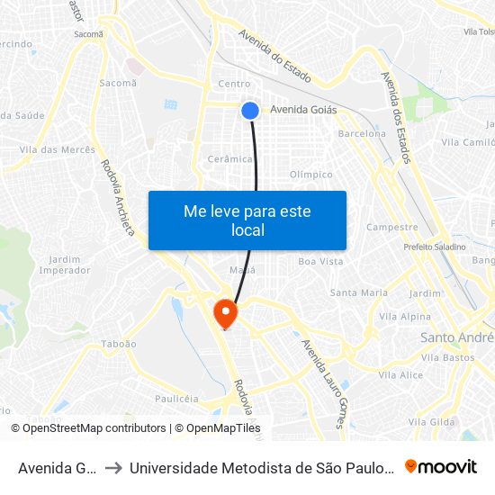 Avenida Goiás 500 to Universidade Metodista de São Paulo (Campus Rudge Ramos ) map