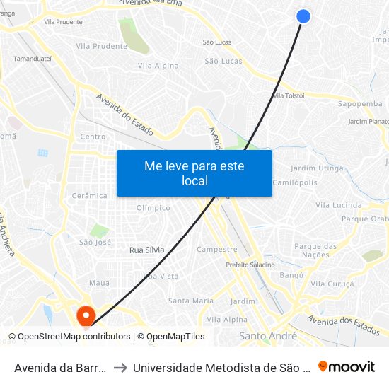 Avenida da Barreira Grande 1213 to Universidade Metodista de São Paulo (Campus Rudge Ramos ) map