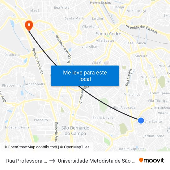 Rua Professora Marina Cintra 83 to Universidade Metodista de São Paulo (Campus Rudge Ramos ) map