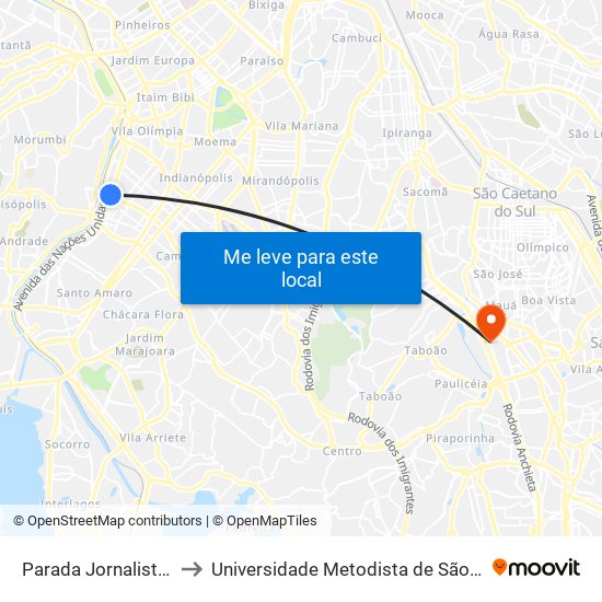 Parada Jornalista Roberto Marinho to Universidade Metodista de São Paulo (Campus Rudge Ramos ) map