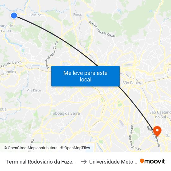 Terminal Rodoviário da Fazendinha - Parque dos Eucaliptos (Fazendinha), Santana de Parnaíba to Universidade Metodista de São Paulo (Campus Rudge Ramos ) map