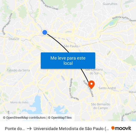 Ponte do Piqueri to Universidade Metodista de São Paulo (Campus Rudge Ramos ) map