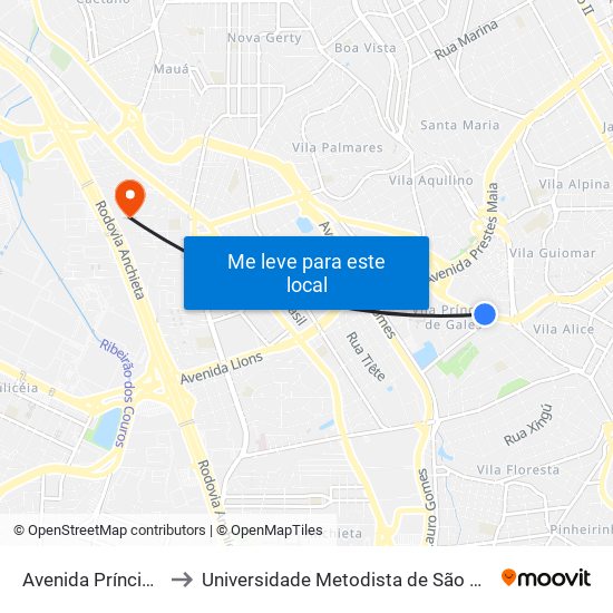 Avenida Príncipe de Gales 262 to Universidade Metodista de São Paulo (Campus Rudge Ramos ) map