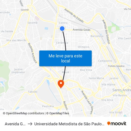 Avenida Goiás 260 to Universidade Metodista de São Paulo (Campus Rudge Ramos ) map