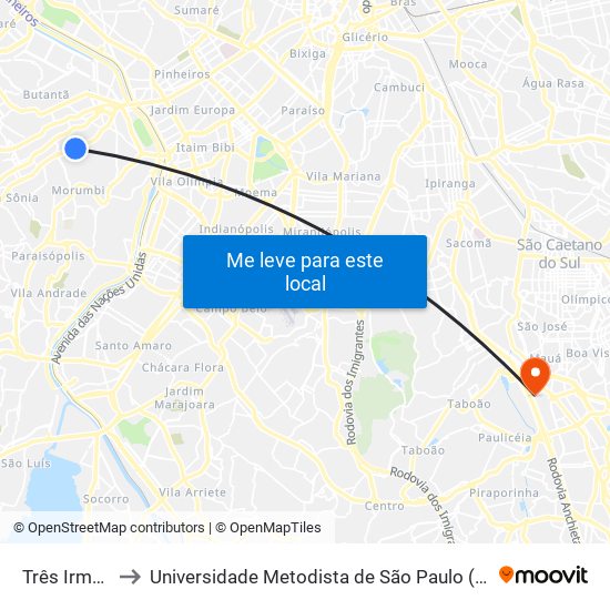 Três Irmãos B/C to Universidade Metodista de São Paulo (Campus Rudge Ramos ) map