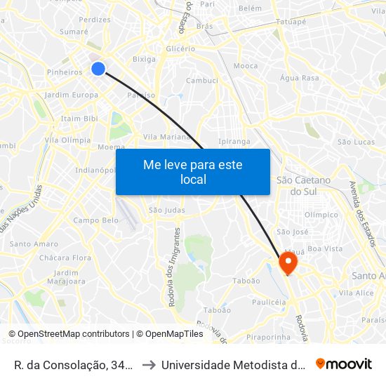 R. da Consolação, 3447 - Cerqueira César, São Paulo to Universidade Metodista de São Paulo (Campus Rudge Ramos ) map