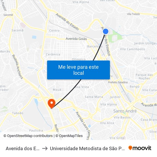 Av. dos Estados, 4576 - Utinga, Santo André to Universidade Metodista de São Paulo (Campus Rudge Ramos ) map