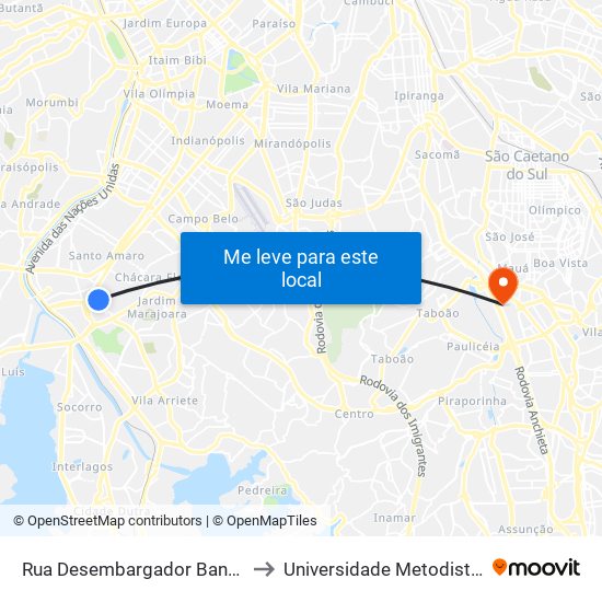 Rua Desembargador Bandeira de Mello, 392 - Santo Amaro, São Paulo to Universidade Metodista de São Paulo (Campus Rudge Ramos ) map