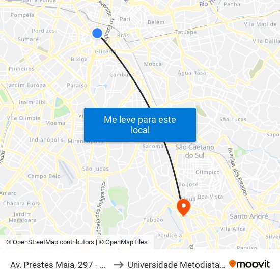 Av. Prestes Maia, 297 - Centro Histórico de São Paulo, São Paulo to Universidade Metodista de São Paulo (Campus Rudge Ramos ) map