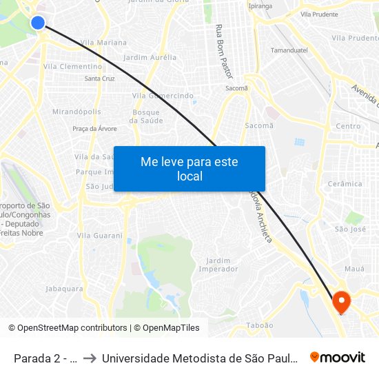 Parada 2 - Mac/Usp to Universidade Metodista de São Paulo (Campus Rudge Ramos ) map