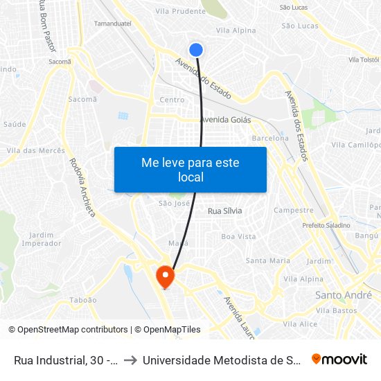 Rua Industrial, 30 - Vila Alpina, São Paulo to Universidade Metodista de São Paulo (Campus Rudge Ramos ) map