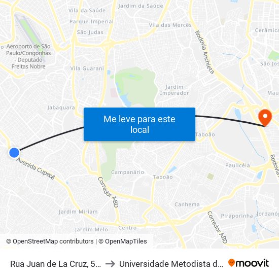 Rua Juan de La Cruz, 55 - Jardim Jabaquara, São Paulo to Universidade Metodista de São Paulo (Campus Rudge Ramos ) map