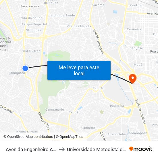 Avenida Engenheiro Armando de Arruda Pereira 2100 to Universidade Metodista de São Paulo (Campus Rudge Ramos ) map